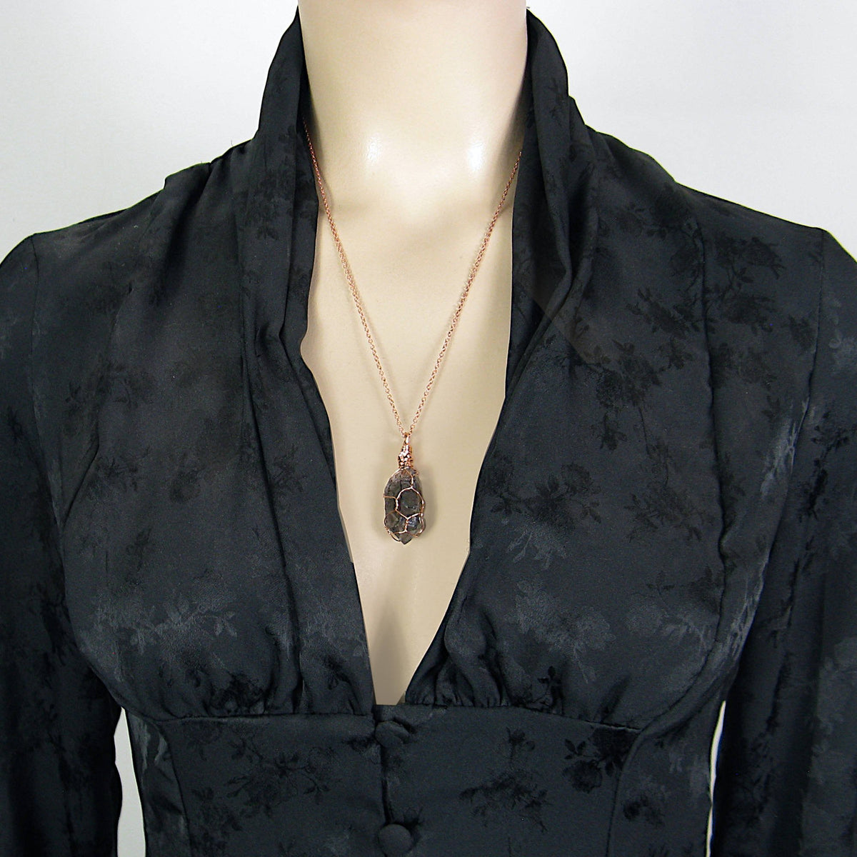 Dark Smoky Quartz Raw Crystal Pendant Necklace, Copper Wire-Wrapped, Handmade, with 20" Chain - Ethereal Essentials
