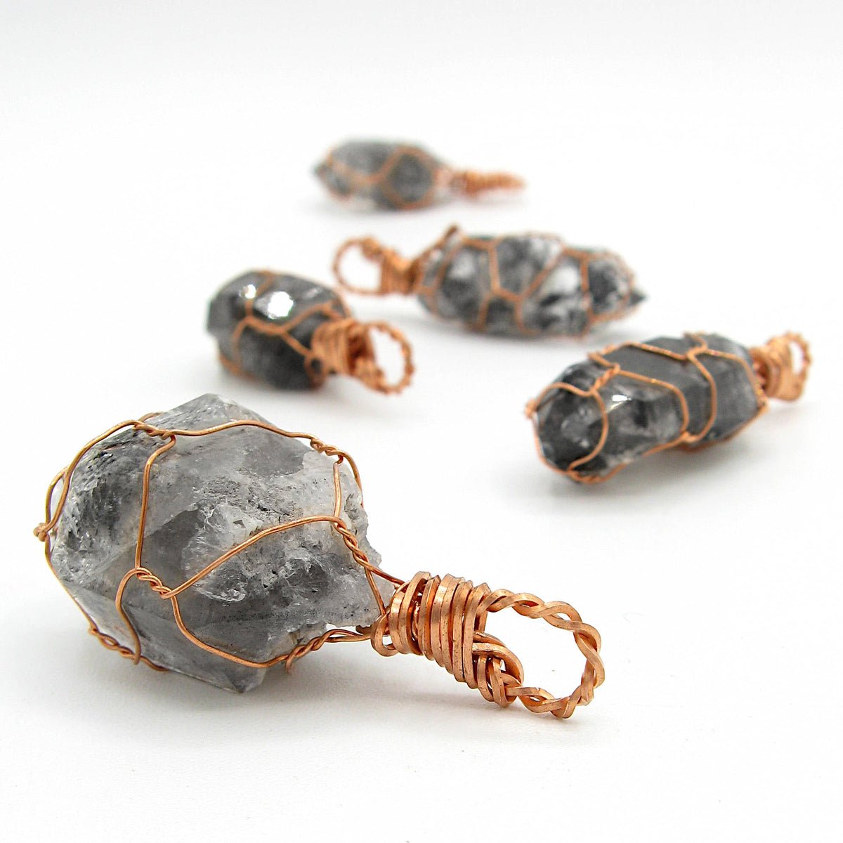 Dark Smoky Quartz Raw Crystal Pendant Necklace, Copper Wire-Wrapped, Handmade, with 20" Chain - Ethereal Essentials