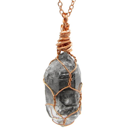 Dark Smoky Quartz Raw Crystal Pendant Necklace, Copper Wire-Wrapped, Handmade, with 20" Chain - Ethereal Essentials
