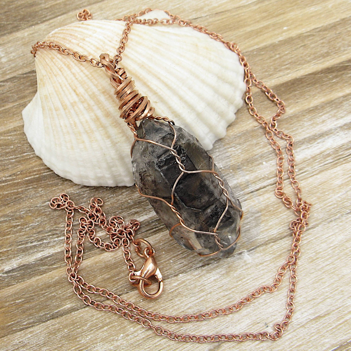 Dark Smoky Quartz Raw Crystal Pendant Necklace, Copper Wire-Wrapped, Handmade, with 20" Chain - Ethereal Essentials