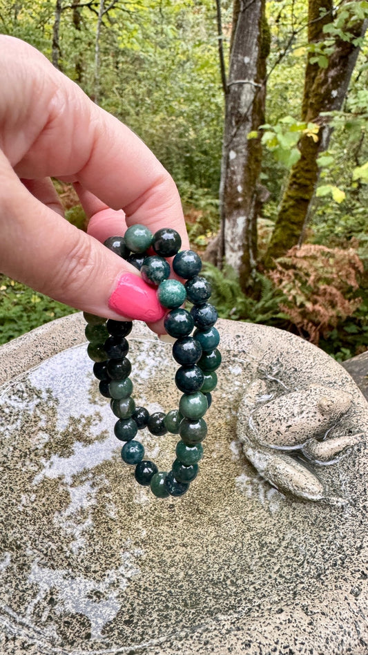 Deep Forest Moss Agate 8 mm Bracelet for Stable Growth, Stretchy - Ethereal Essentials