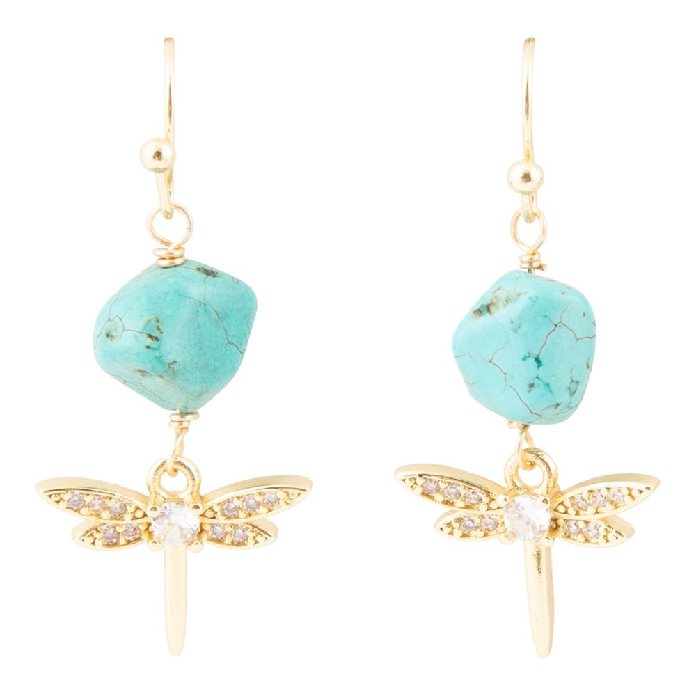Dragonfly Blue Magnesite Golden Drop Earrings