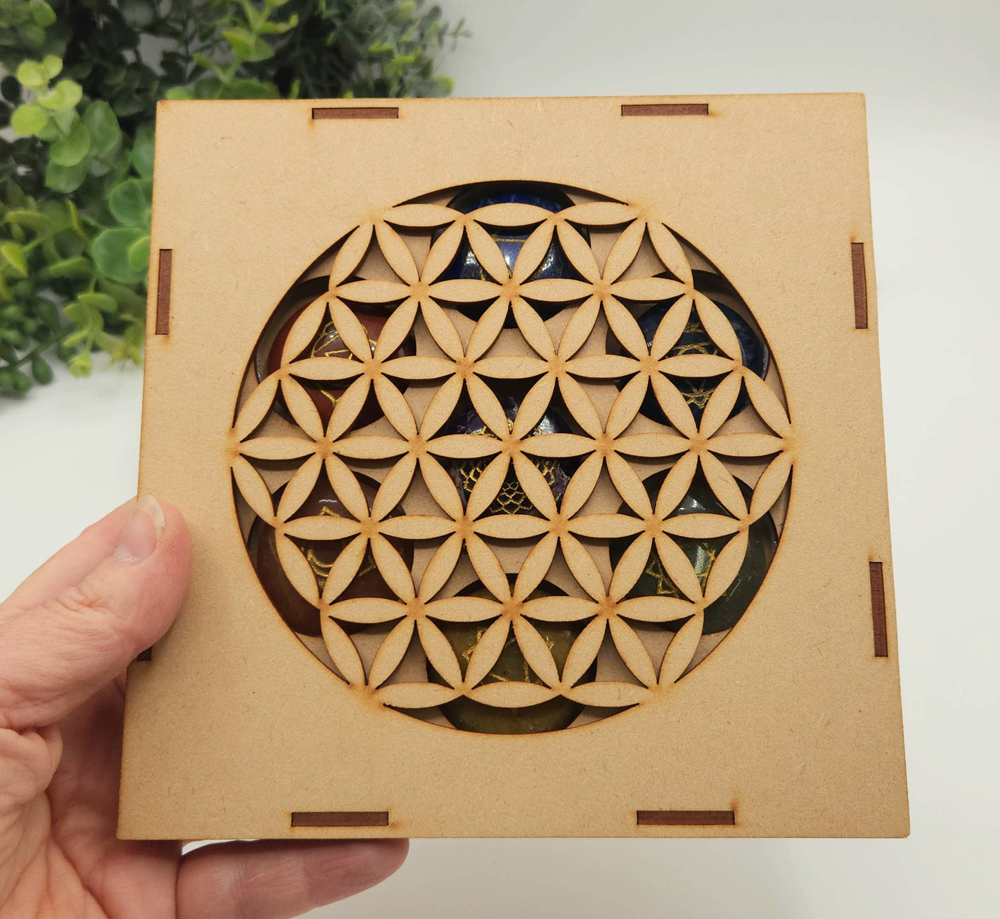 Chakra Crystal Set-Round Shape-Flower of Life   Wooden Box
