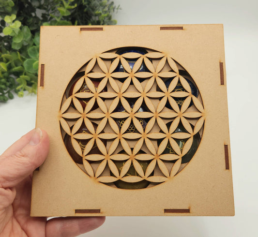 Chakra Crystal Set-Round Shape-Flower of Life   Wooden Box
