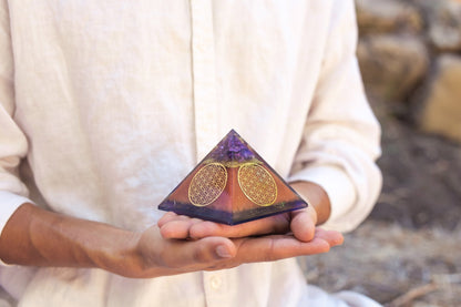 Flower of Life Copper Orgone Pyramid with Amethyst (Authentic - REAL) - Ethereal Essentials