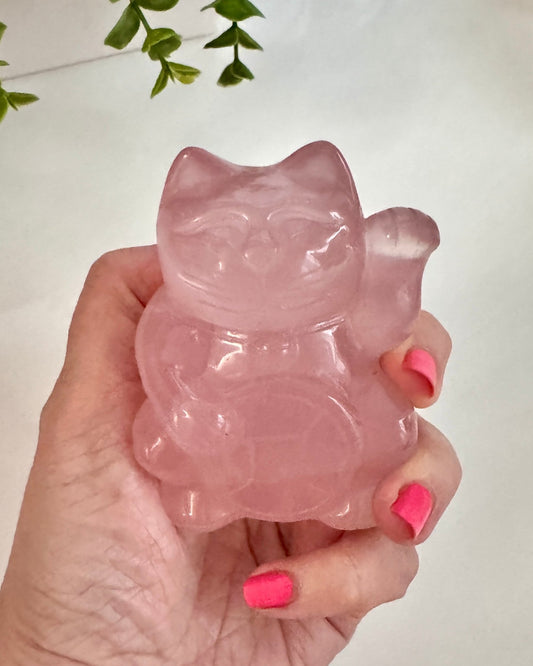 Gemmy Rose Quartz Crystal Lucky Cat, Maneki Neko, Fortune Cat, Large (3.2”) - Ethereal Essentials