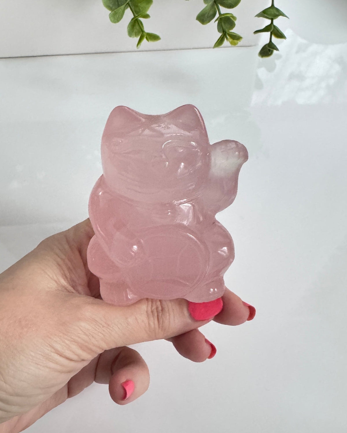 Gemmy Rose Quartz Crystal Lucky Cat, Maneki Neko, Fortune Cat, Large (3.2”) - Ethereal Essentials