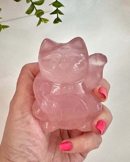 Gemmy Rose Quartz Crystal Lucky Cat, Maneki Neko, Fortune Cat, Large (3.2”) - Ethereal Essentials