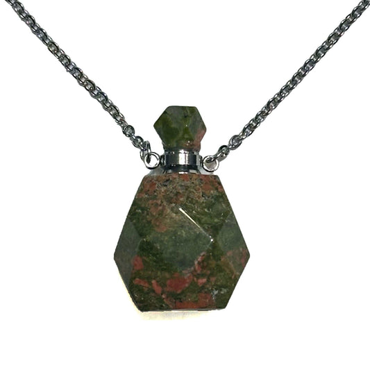 Gemstone Poison Bottle Necklace, Fluorite, Unakite, Clear Quartz, Rose Quartz, Amethyst, Tigers Eye