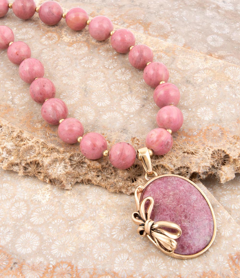 Pink Rhodonite Gold Bow Beaded Pendant Necklace