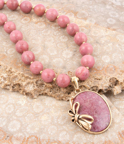 Pink Rhodonite Gold Bow Beaded Pendant Necklace