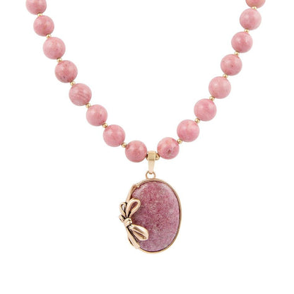 Pink Rhodonite Gold Bow Beaded Pendant Necklace