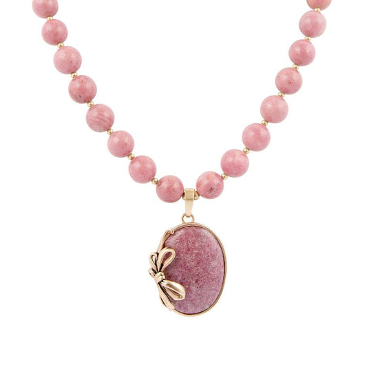 Pink Rhodonite Gold Bow Beaded Pendant Necklace