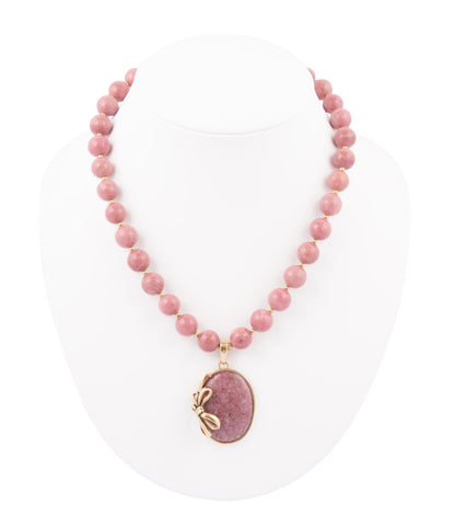 Pink Rhodonite Gold Bow Beaded Pendant Necklace