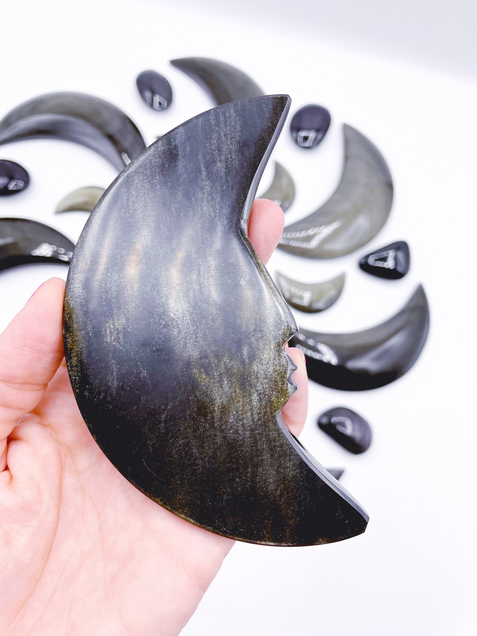 Gold Sheen Obsidian Moon w/ Carved Face - Ethereal Essentials