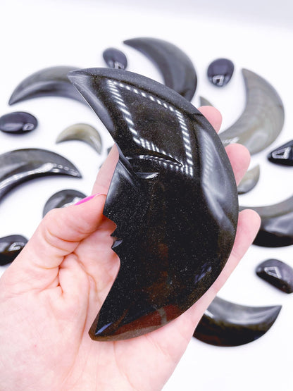 Gold Sheen Obsidian Moon w/ Carved Face - Ethereal Essentials