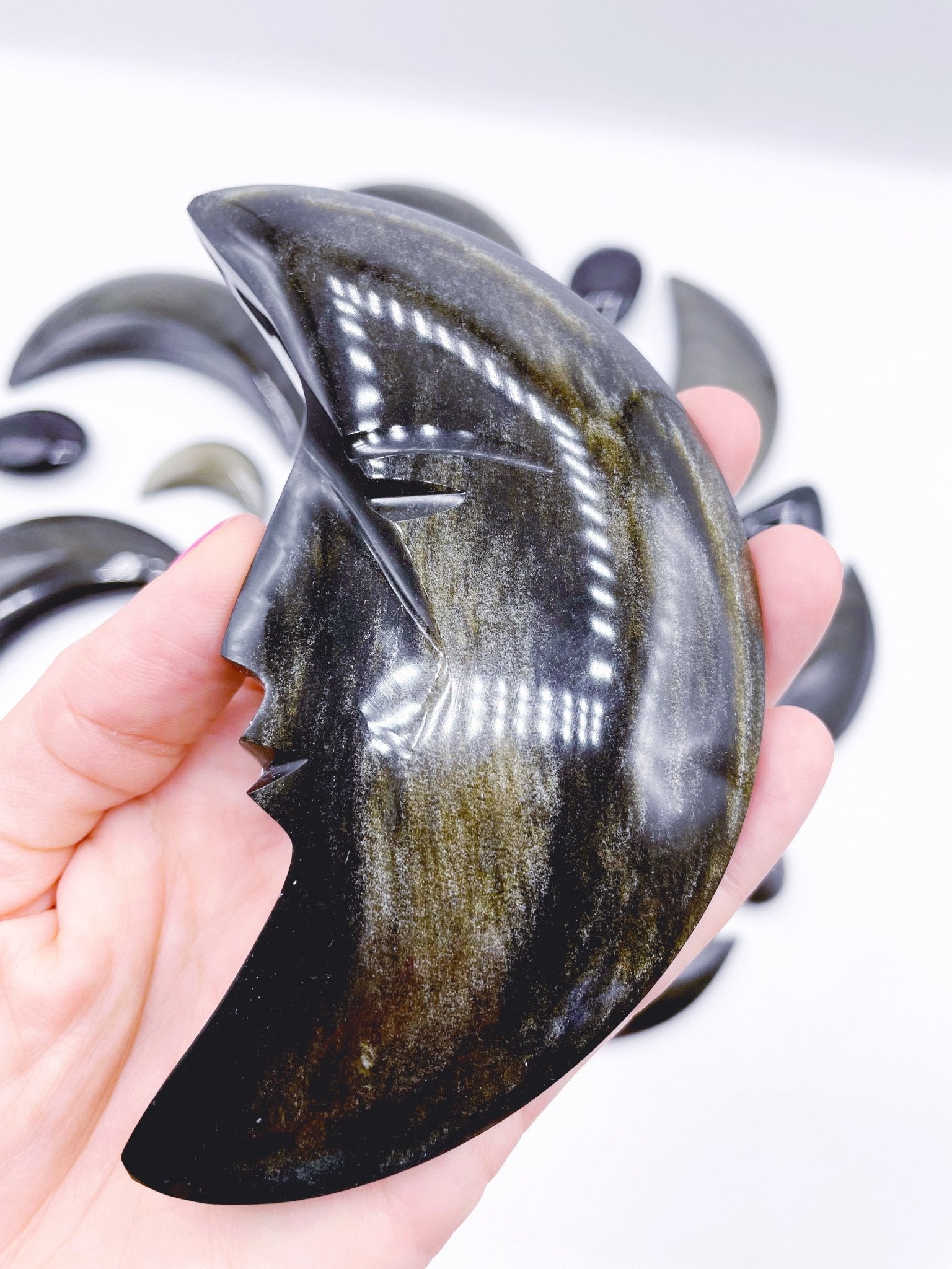 Gold Sheen Obsidian Moon w/ Carved Face - Ethereal Essentials