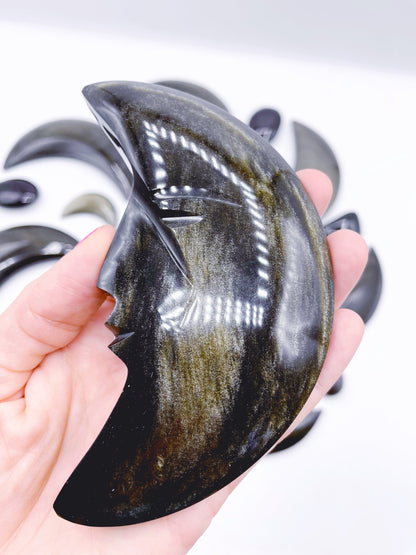 Gold Sheen Obsidian Moon w/ Carved Face - Ethereal Essentials