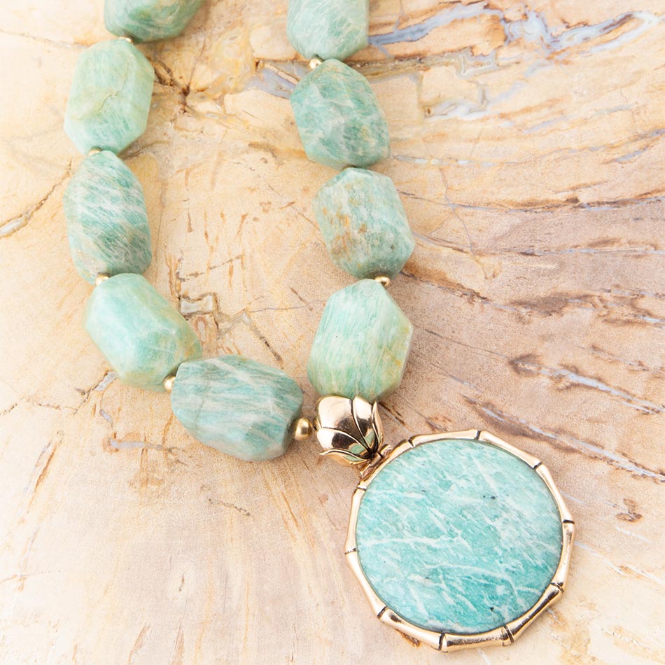 Green Amazonite Golden Lotus Pendant Necklace