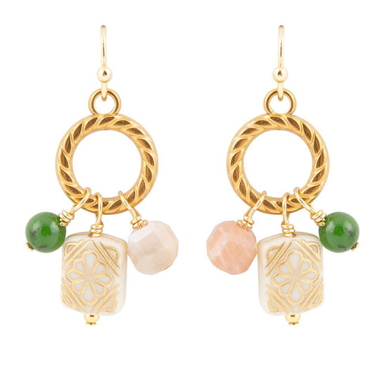 Green Jade and Pink Sunstone Golden Drop Earrings