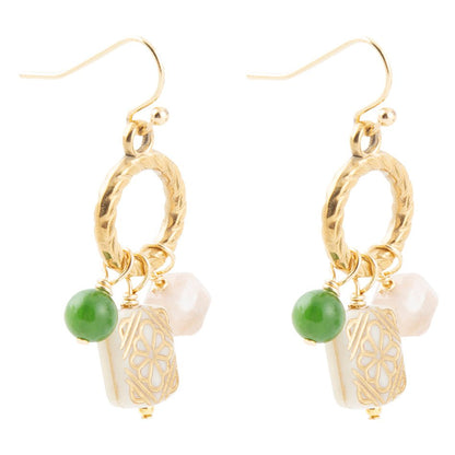 Green Jade and Pink Sunstone Golden Drop Earrings