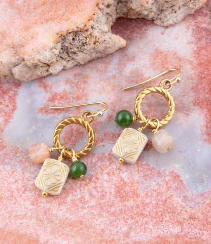 Green Jade and Pink Sunstone Golden Drop Earrings