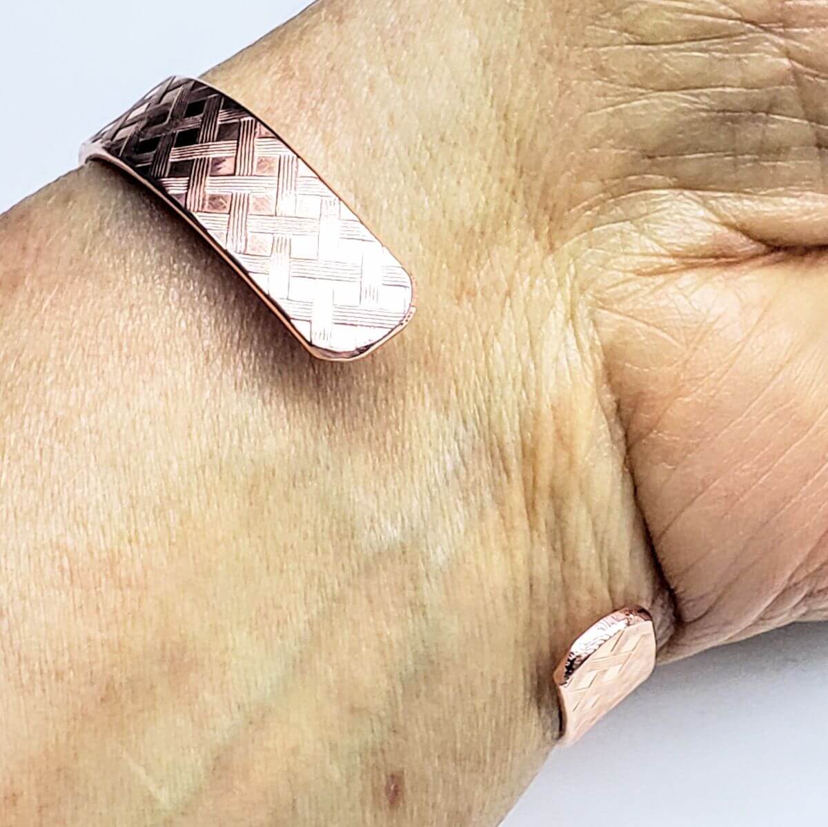 His and Her Copper Embossed Weave Cuffs 16 Gauge - Ethereal Essentials