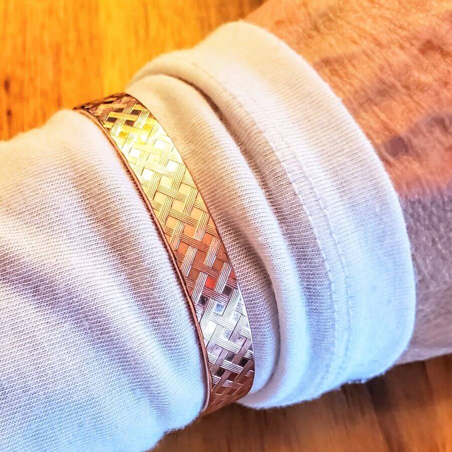 His and Her Copper Embossed Weave Cuffs 16 Gauge - Ethereal Essentials