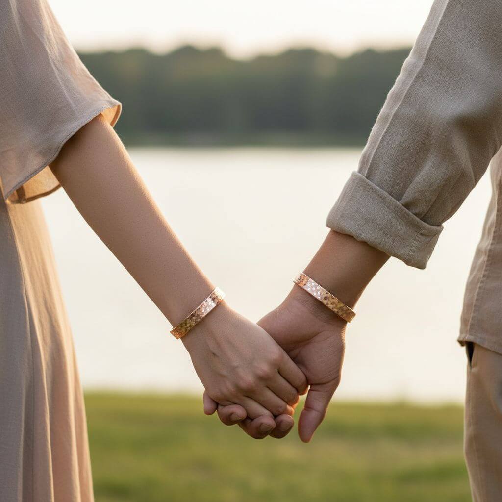 His and Her Copper Embossed Weave Cuffs 16 Gauge - Ethereal Essentials