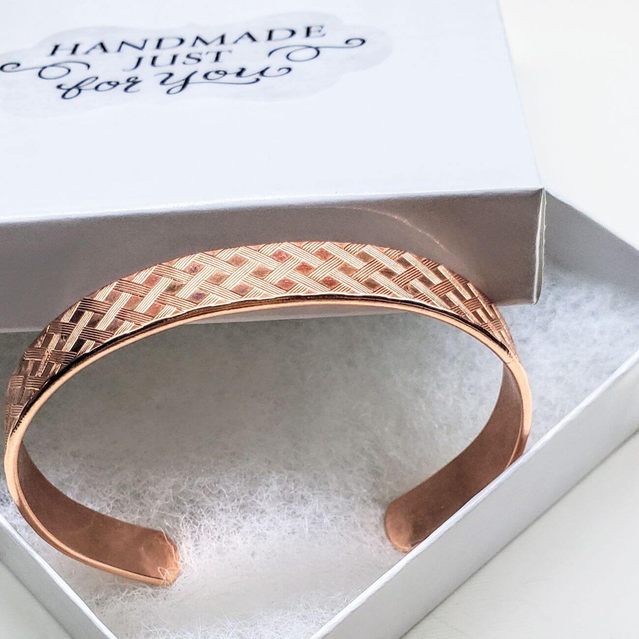 His and Her Copper Embossed Weave Cuffs 16 Gauge - Ethereal Essentials