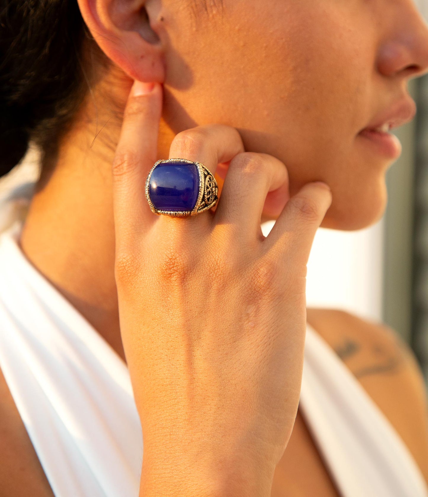 Blue Lace Agate Golden Statement Ring