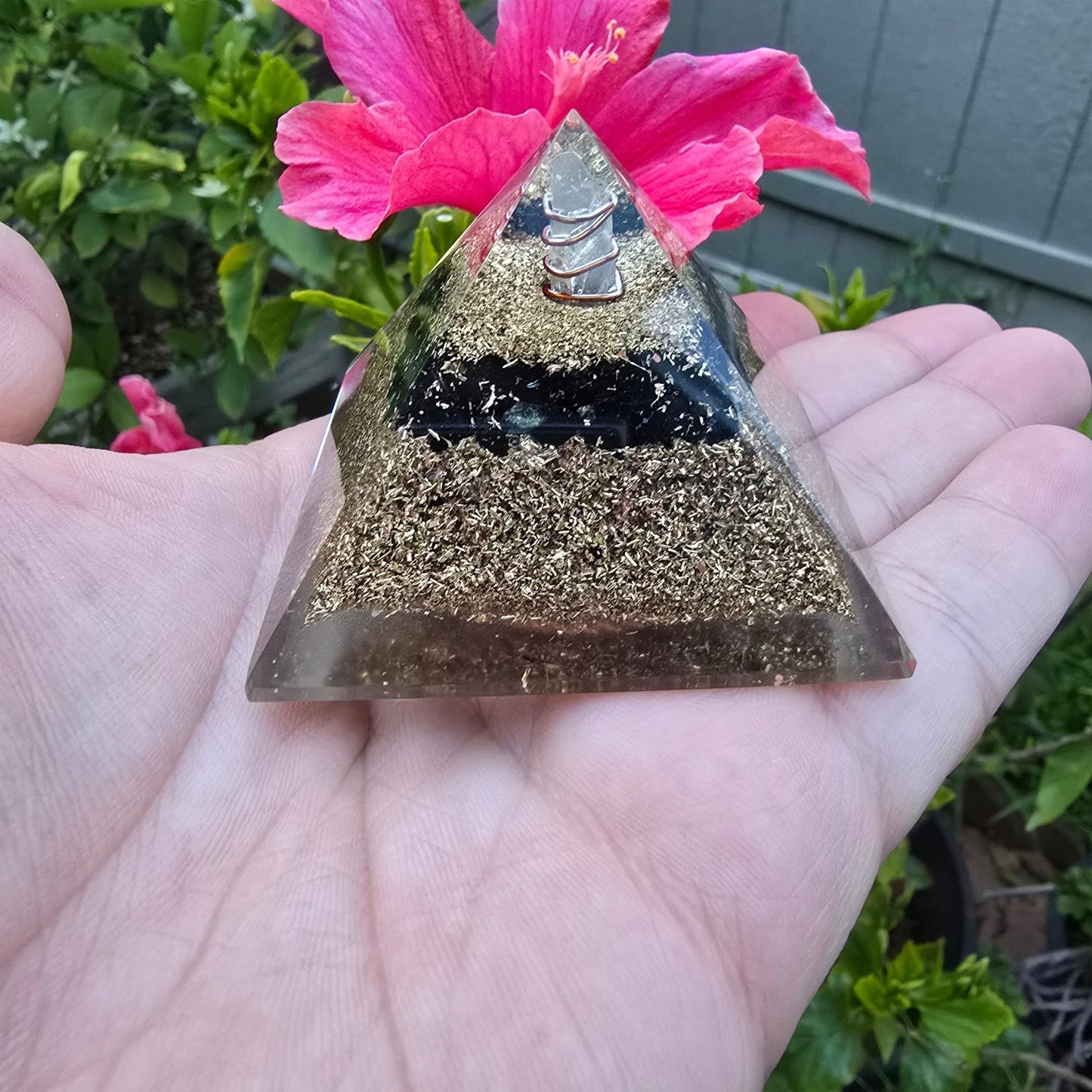 Mini Orgone Brass and Copper Black tourmaline Protection Pyramid - Ethereal Essentials