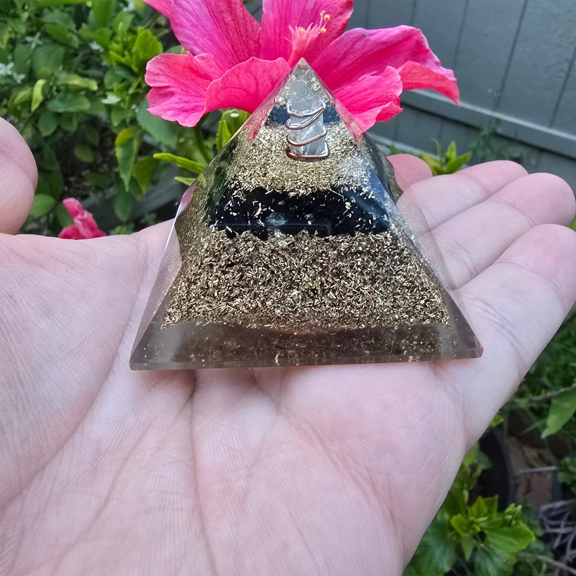 Mini Orgone Brass and Copper Black tourmaline Protection Pyramid - Ethereal Essentials