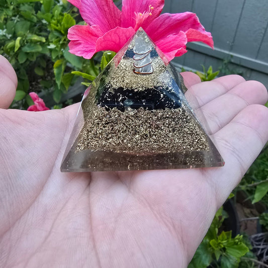 Mini Orgone Brass and Copper Black tourmaline Protection Pyramid - Ethereal Essentials