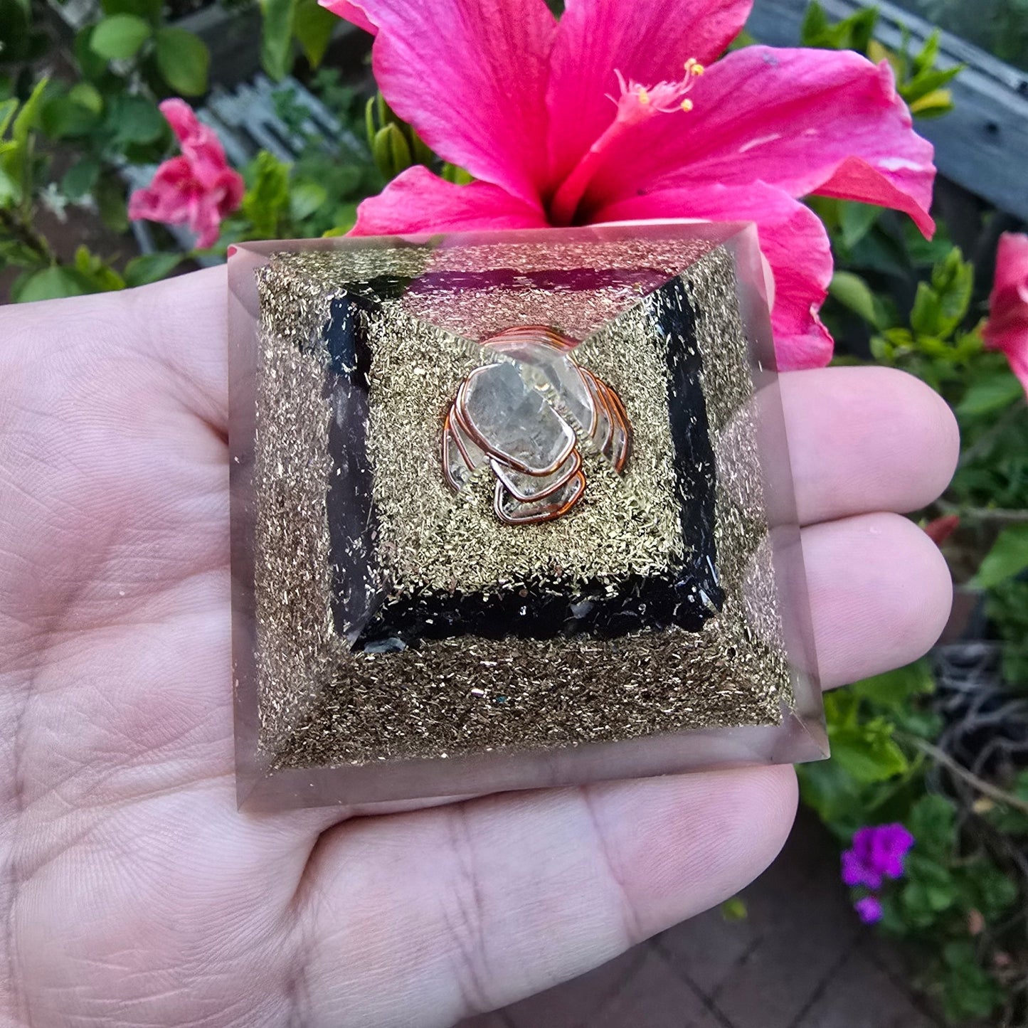 Mini Orgone Brass and Copper Black tourmaline Protection Pyramid - Ethereal Essentials