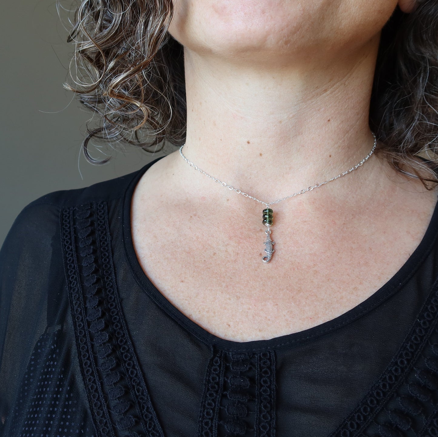 Moldavite Necklace Green Alligator Sterling Silver