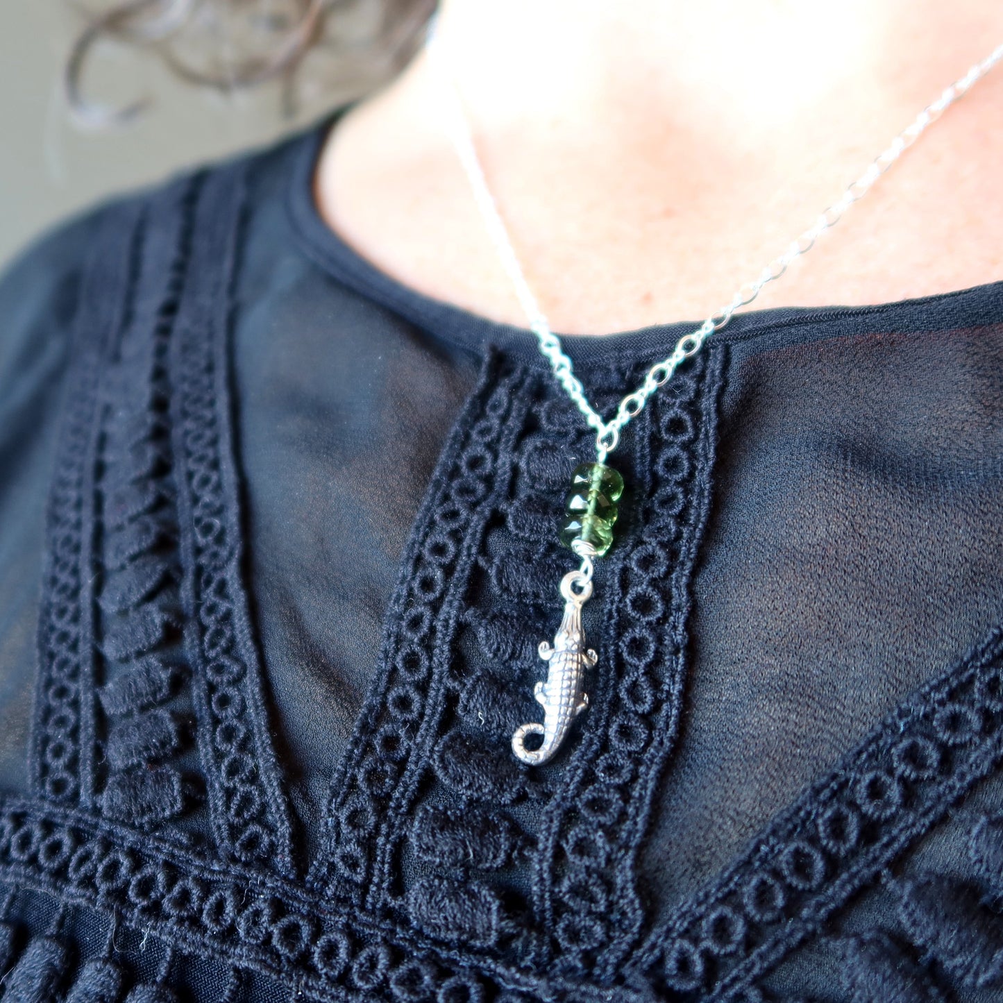 Moldavite Necklace Green Alligator Sterling Silver