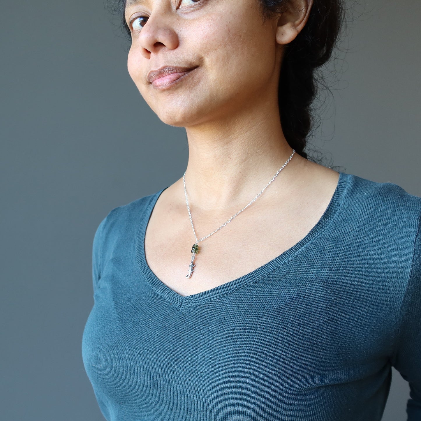 Moldavite Necklace Green Alligator Sterling Silver