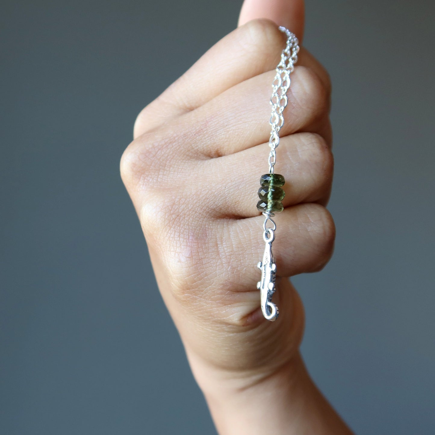 Moldavite Necklace Green Alligator Sterling Silver