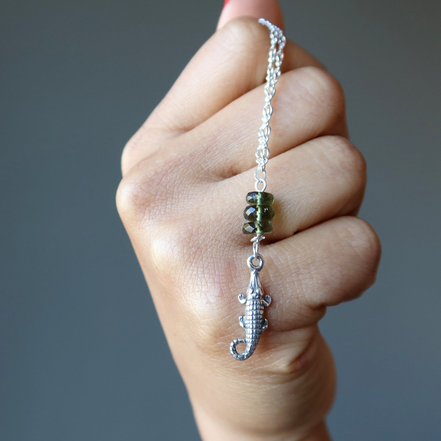 Moldavite Necklace Green Alligator Sterling Silver