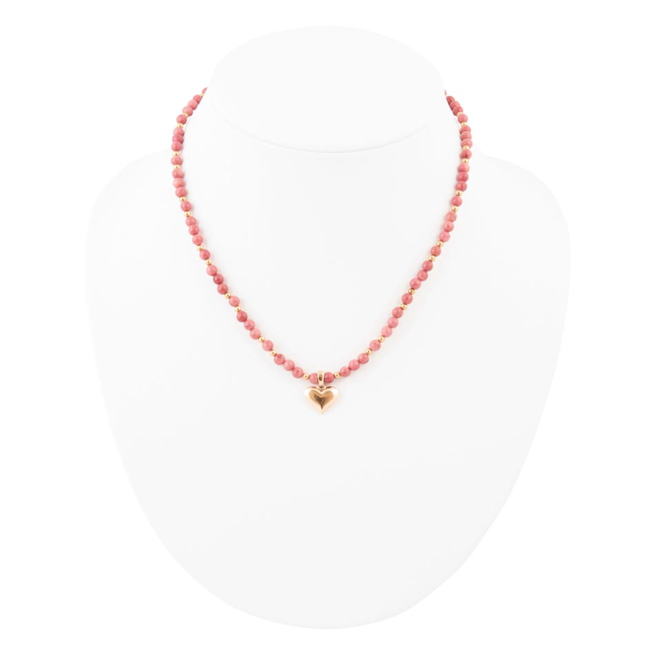 Pink Rhodonite and Golden Bronze Heart Pendant Necklace