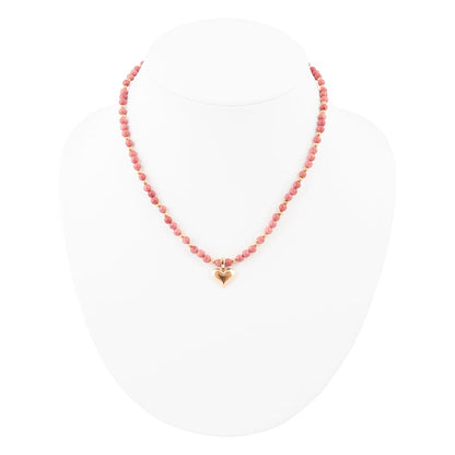 Pink Rhodonite and Golden Bronze Heart Pendant Necklace