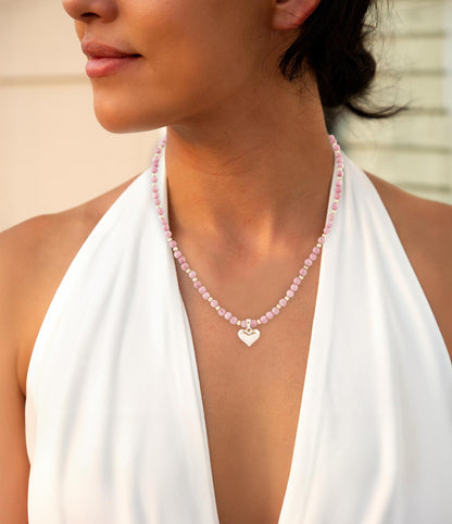 Pink Rhodonite and Golden Bronze Heart Pendant Necklace