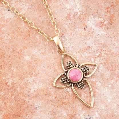 Pink Rhodonite Golden Cross Pendant Necklace