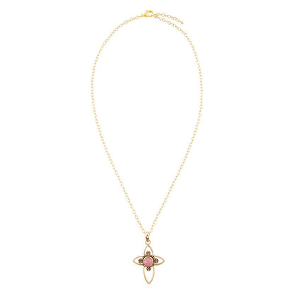 Pink Rhodonite Golden Cross Pendant Necklace