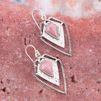 Pink Rhodonite Shield Sterling Silver Drop Earrings