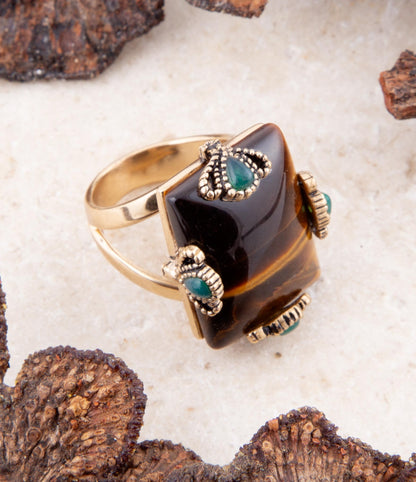 Prismatic Brown Tiger's Eye Statement Golden Ring