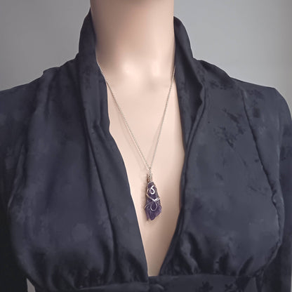 Raw Amethyst Crystal Point Pendant – Handmade Silver-Plated Wire Wrapped Necklace - Ethereal Essentials