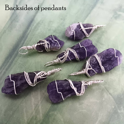 Raw Amethyst Crystal Point Pendant – Handmade Silver-Plated Wire Wrapped Necklace - Ethereal Essentials