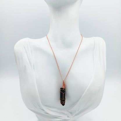 Raw Black Tourmaline Crystal Pendant Necklace, Copper Wire-Wrapped, Handmade - Ethereal Essentials